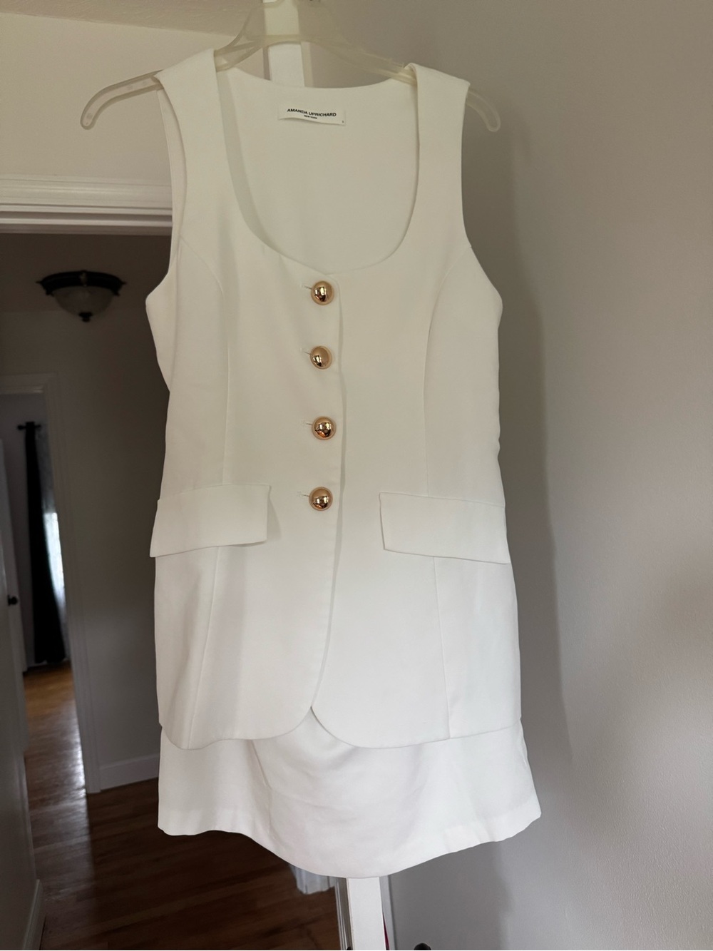 Sleeveless White Button Front Dress with Gold Buttons